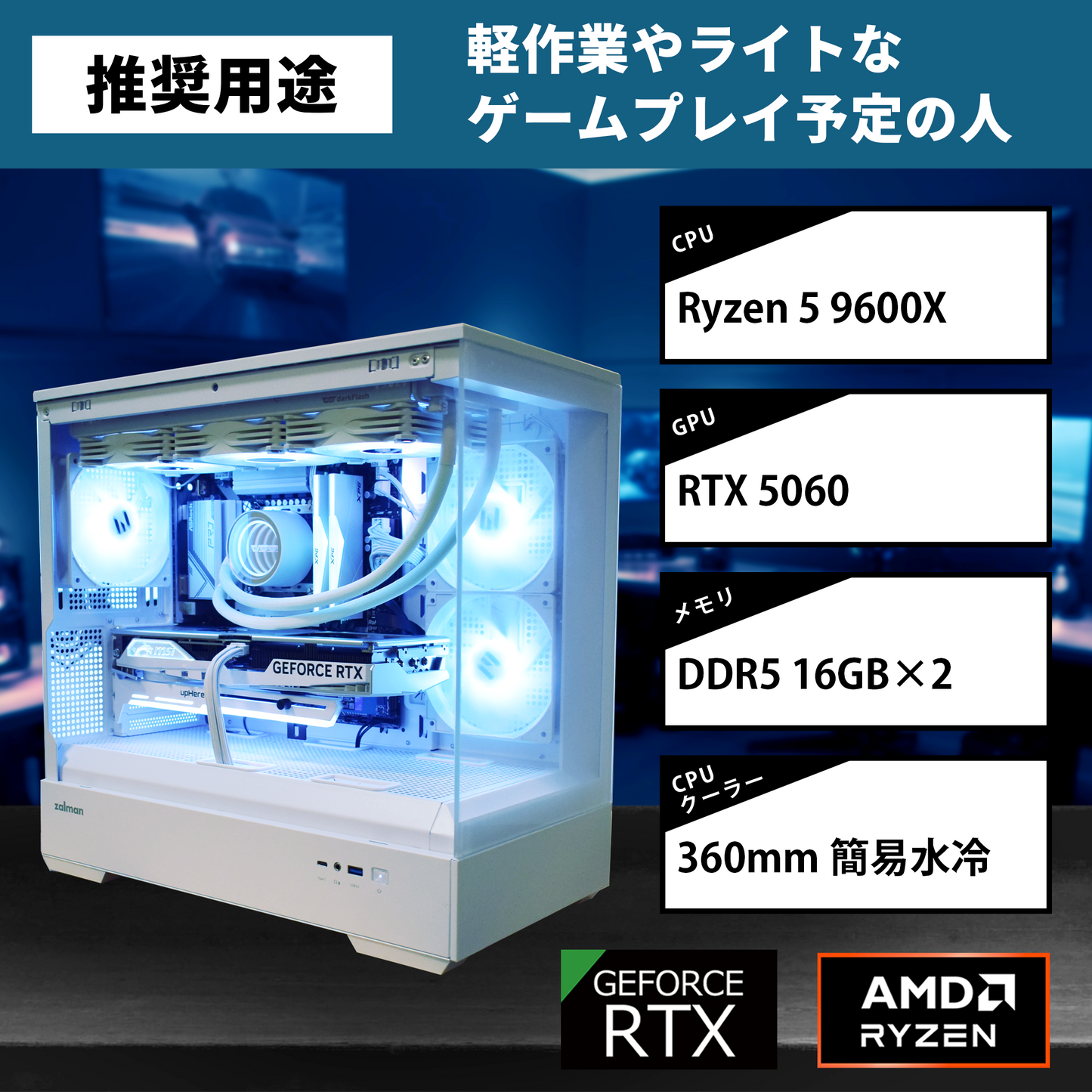 【P30 WHITE】AM5-Ryzen 5 9600X/RTX5060搭載モデル