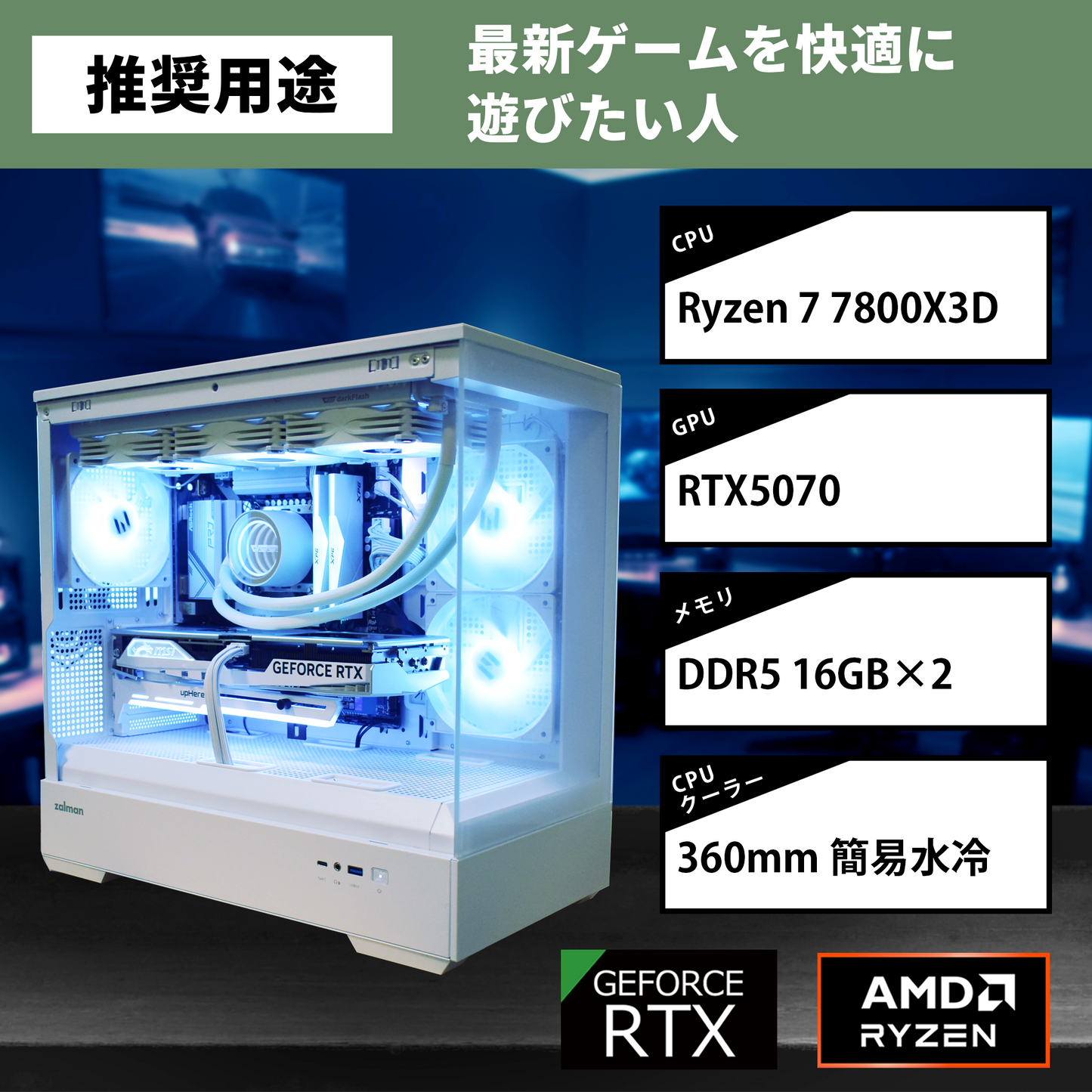 【P30 WHITE】AM5-Ryzen 7 7800X3D/RTX5070搭載モデル