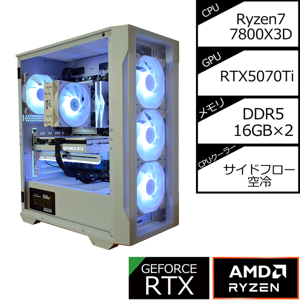 i3NEO TG WHITE】AM5-Ryzen 7 7800X3D/RTX5070Ti搭載モデル